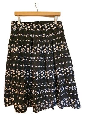 Ann Taylor Black Floral Tiered Midi Skirt with White and Blue Accents